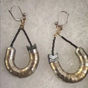 Handmade Two-Tone Metallic Hoop Drop Earrings - Silver and Black